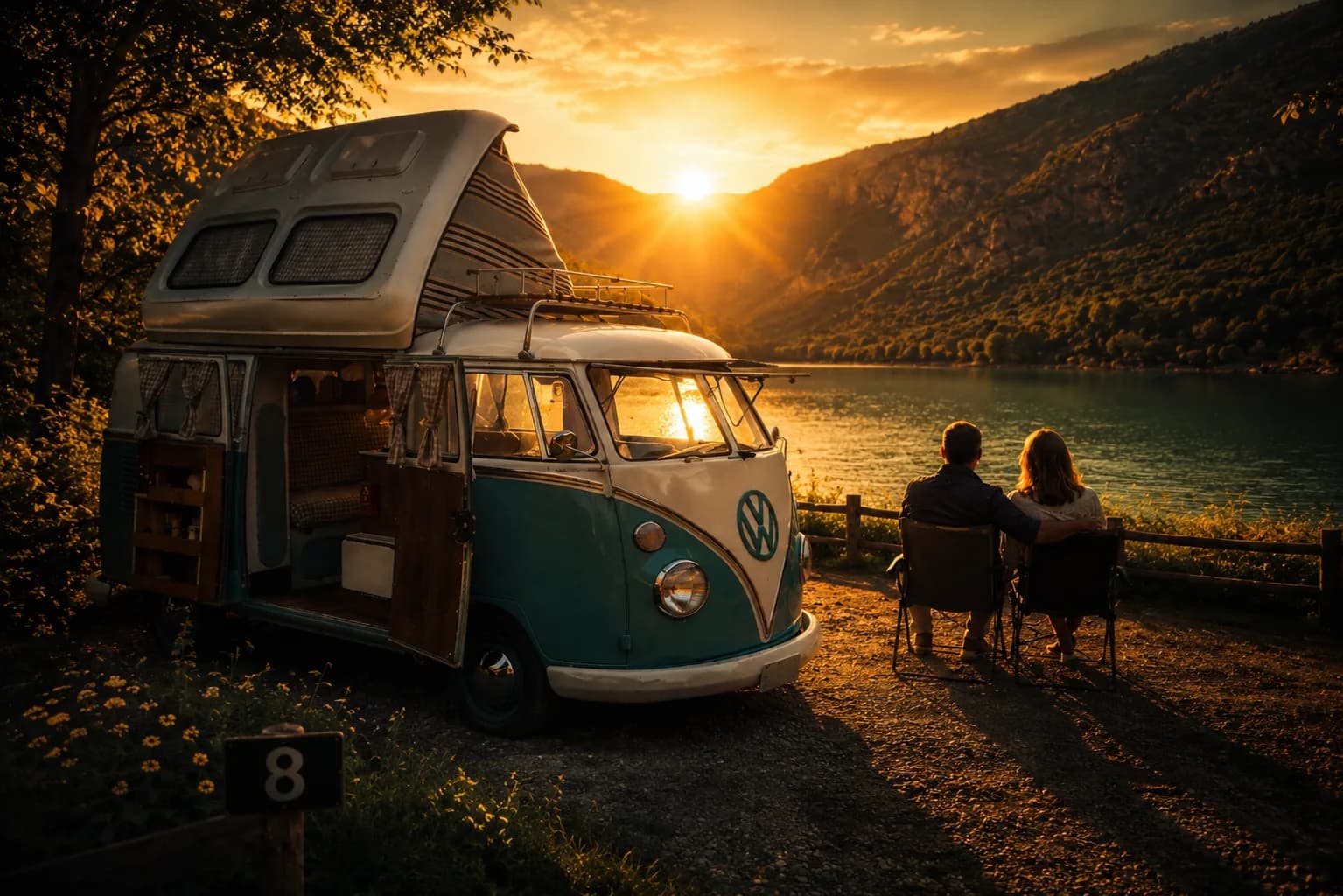 Van aménagé au bord d'un lac au coucher du soleil